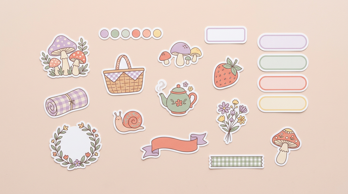 Illustration of a sample sticker sheet: mushrooms, a picnic basket, a teapot and a strawberry, laid out beside round checkboxes, blank date covers, a ribbon header and a washi strip